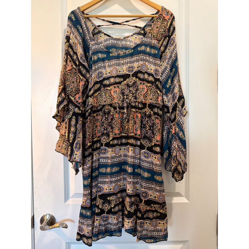 Rebellion Boho Paisley Bell Sleeve Mini Dress Teal Orange Strappy Back Large